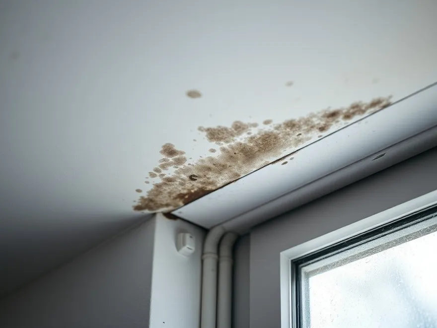 Dark mildew spotting spreading along the top corner of an interior wall near a window frame with condensation on the glass